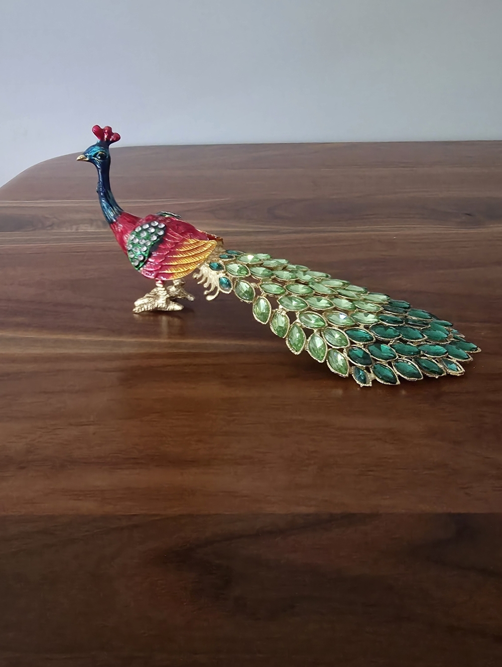 Antique Colorful Jeweled Peacock Figurine - Green & Teal Tail